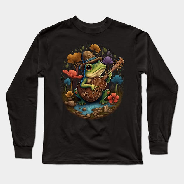 Cottagecore aesthetic cute frog playing ukelele on Mushroom Long Sleeve T-Shirt by JayD World